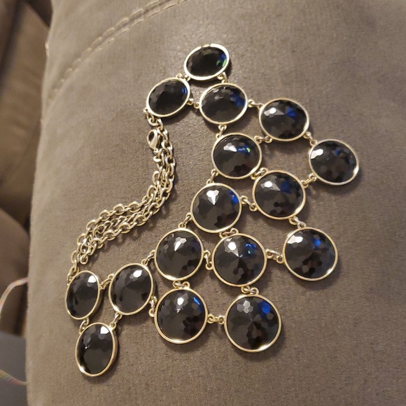 Chico’s Gold Hammered Disc Statement Necklace with Black Faceted Stones - Picture 3 of 8